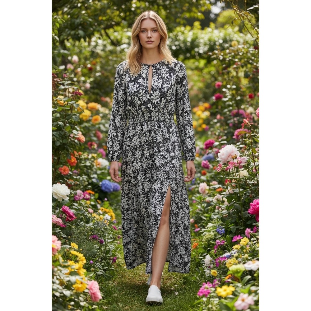 PINCH Women Black White Floral Smocked‎ Waist Maxi Dress Size S Long Sleeve